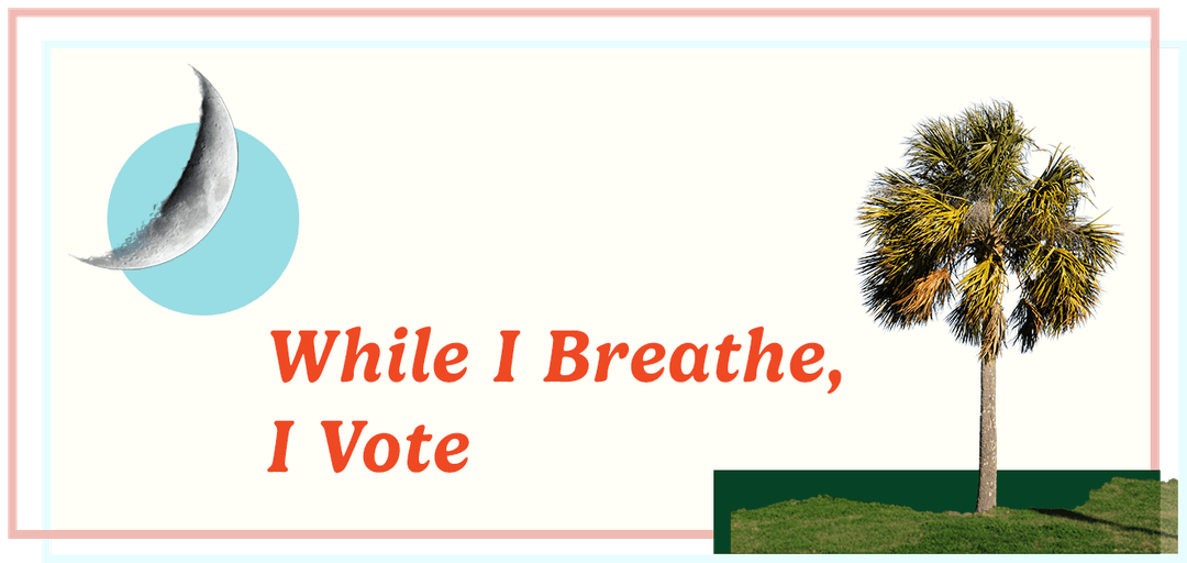 A crescent moon, a Palmetto tree, and the words: 'While I Breathe I Vote'